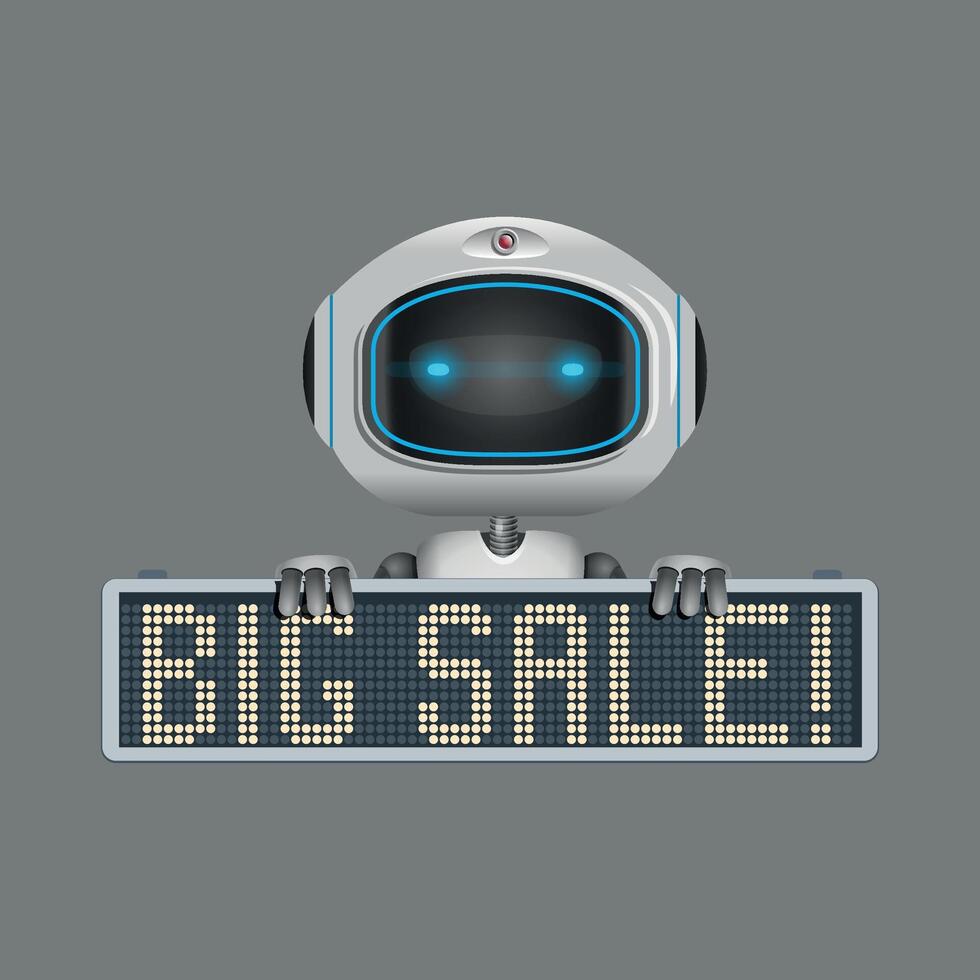 electronic robot with big sale sign isolated on white background vector
