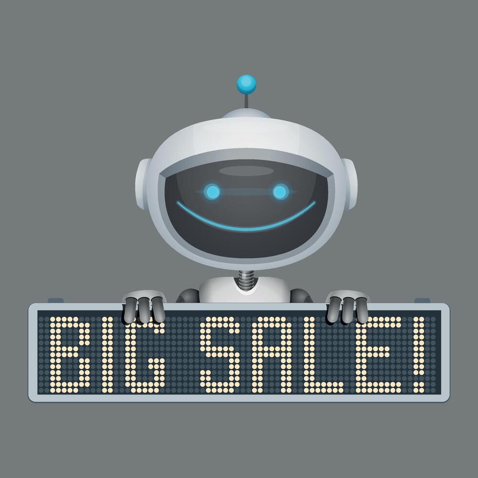 mechanic robot with big sale sign on white background vector