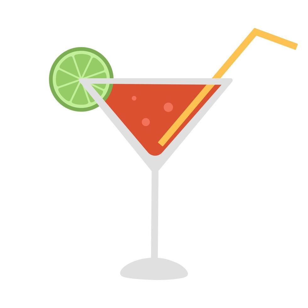 Cosmopolitan cocktail with lime slice and straw. Summer refreshing alcoholic drink with vodka, liquor and juice. Design for bar, restaurant, pub. Flat illustration isolated on white background vector