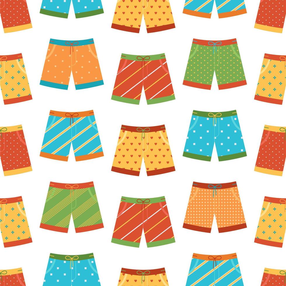 Seamless pattern with colorful swimming trunks. Different fashion swimsuits. Bathing shorts. Men's clothes for summer vacation. Flat illustration for wallpaper, textile, packaging vector