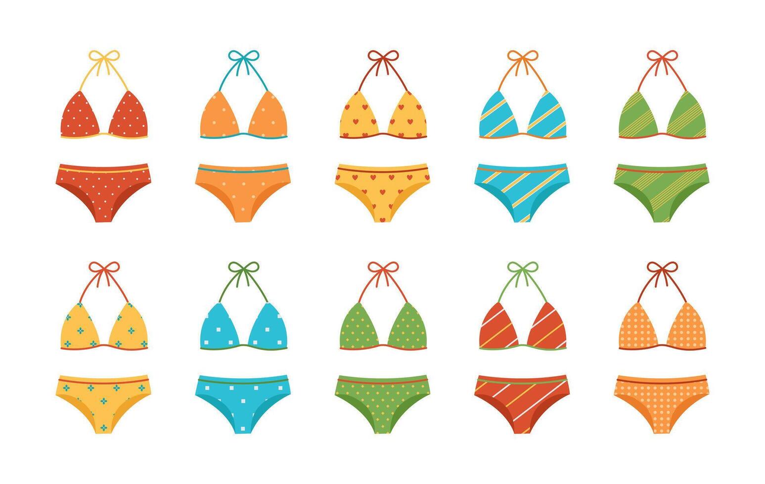 Colorful swimsuits set with different patterns. Fashion bikini collection. Bathing bras and panties. Women's clothes for summer vacation. Flat illustration isolated on white background vector