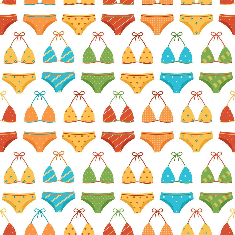 Seamless pattern with colorful swimsuits. Different fashion bikini. Bathing bras and panties. Women's clothes for summer vacation. Flat illustration for wallpaper, textile, packaging vector