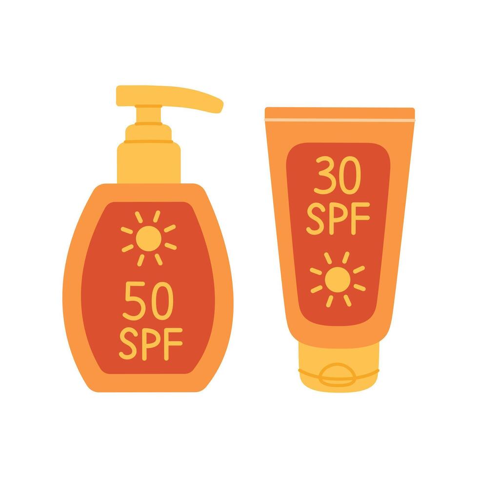 Sunscreen cream in bottle and tube. Sun protection products set. Lotion with SPF 30 and 50. Sunblock summer cosmetics. Skin care. Flat illustration isolated on white background vector