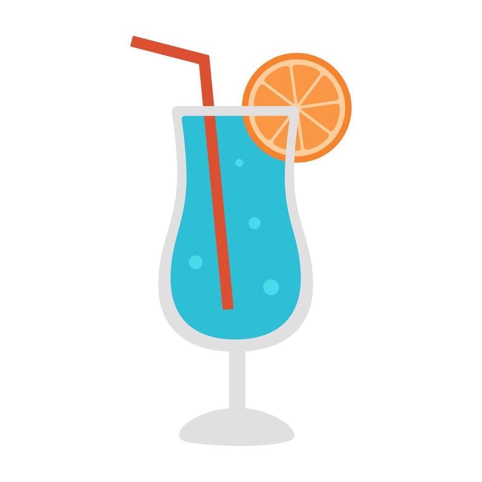 Blue Lagoon cocktail with orange slice and straw. Summer refreshing alcoholic drink with vodka and liquor. Design for bar, restaurant, pub. Flat illustration isolated on white background vector