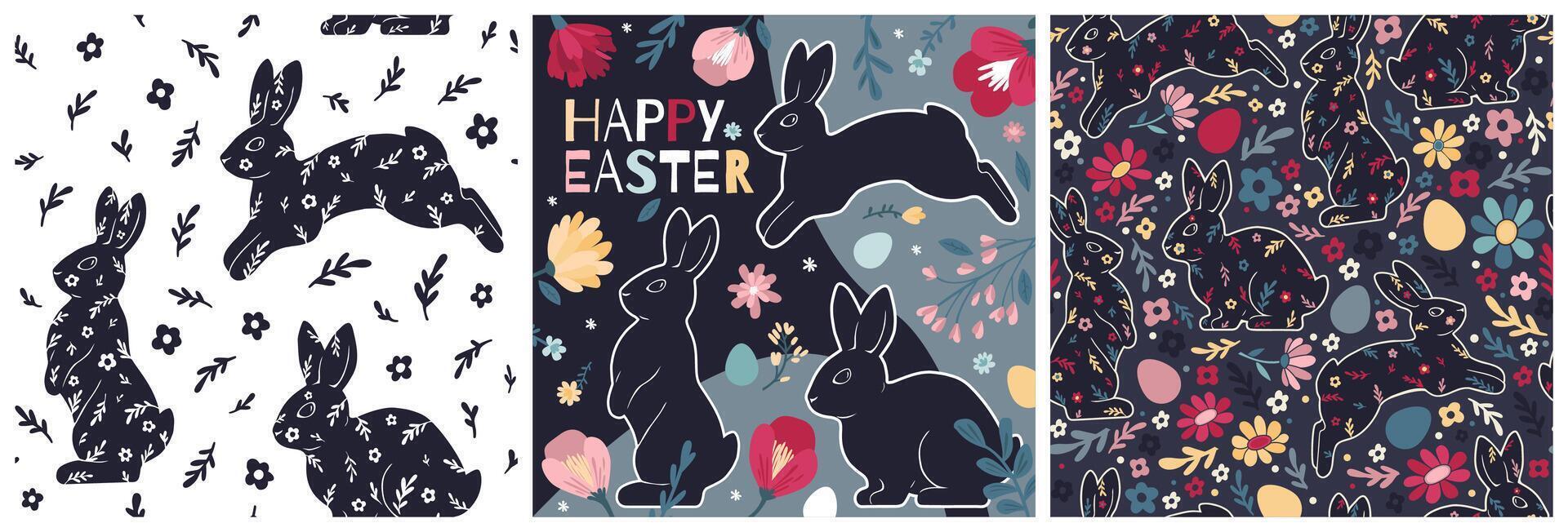 Happy Easter set of Colorful modern illustrations with rabbits, eggs, and flowers vector