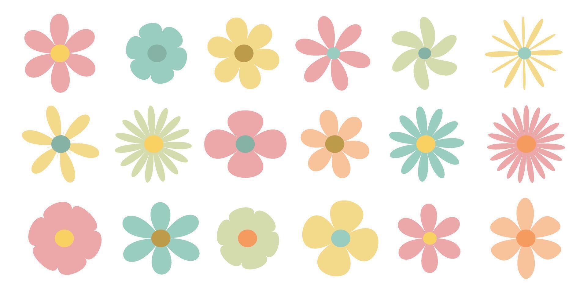 Set of bright flowers, collection of differently colored flowers, flower heads, buds. Collection of abstract flowers in minimalist style. vector