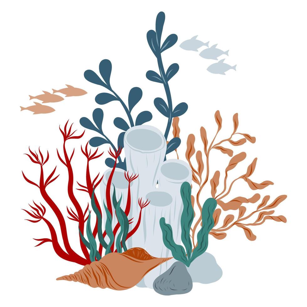 Hand drawn coral Reefs with seashell and seabed. Underwater composition with seaweed and coral, illustration vector