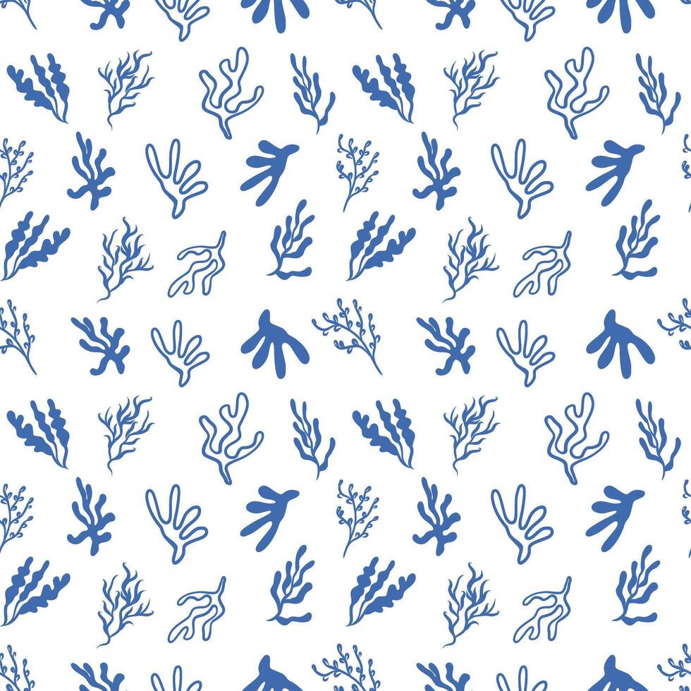 Hand drawn algae and seaweed seamless pattern vector