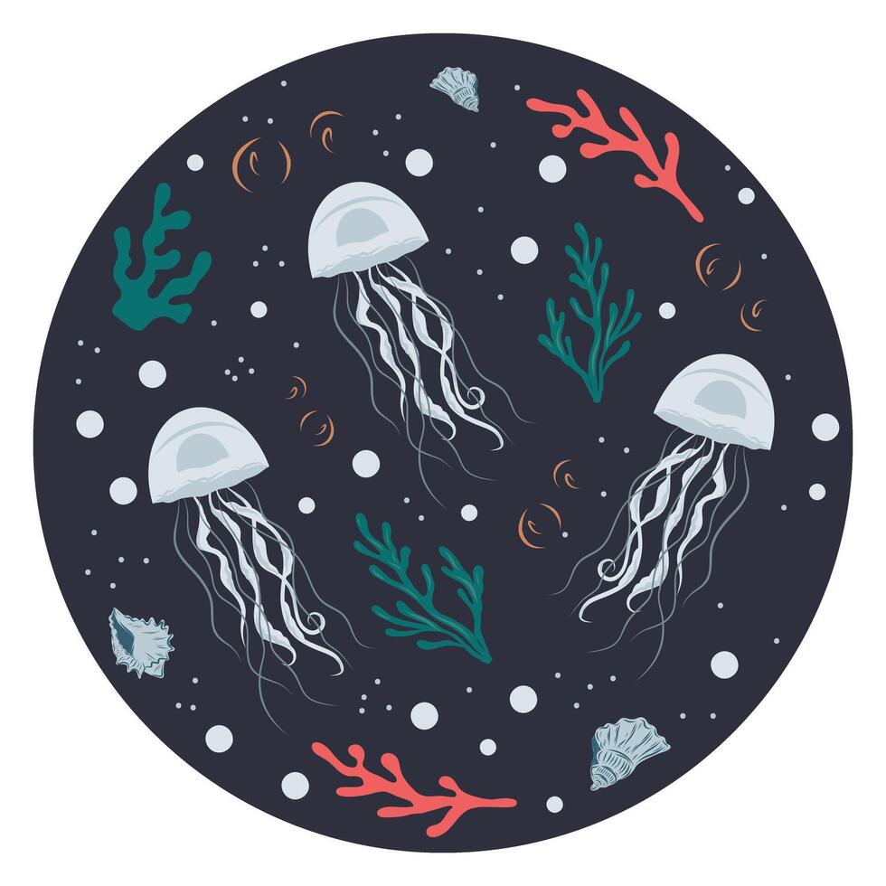 Jellyfishes surrounded by coral, bubbles, seaweed, algae and underwater elements in a circle. Illustration with marine animal vector