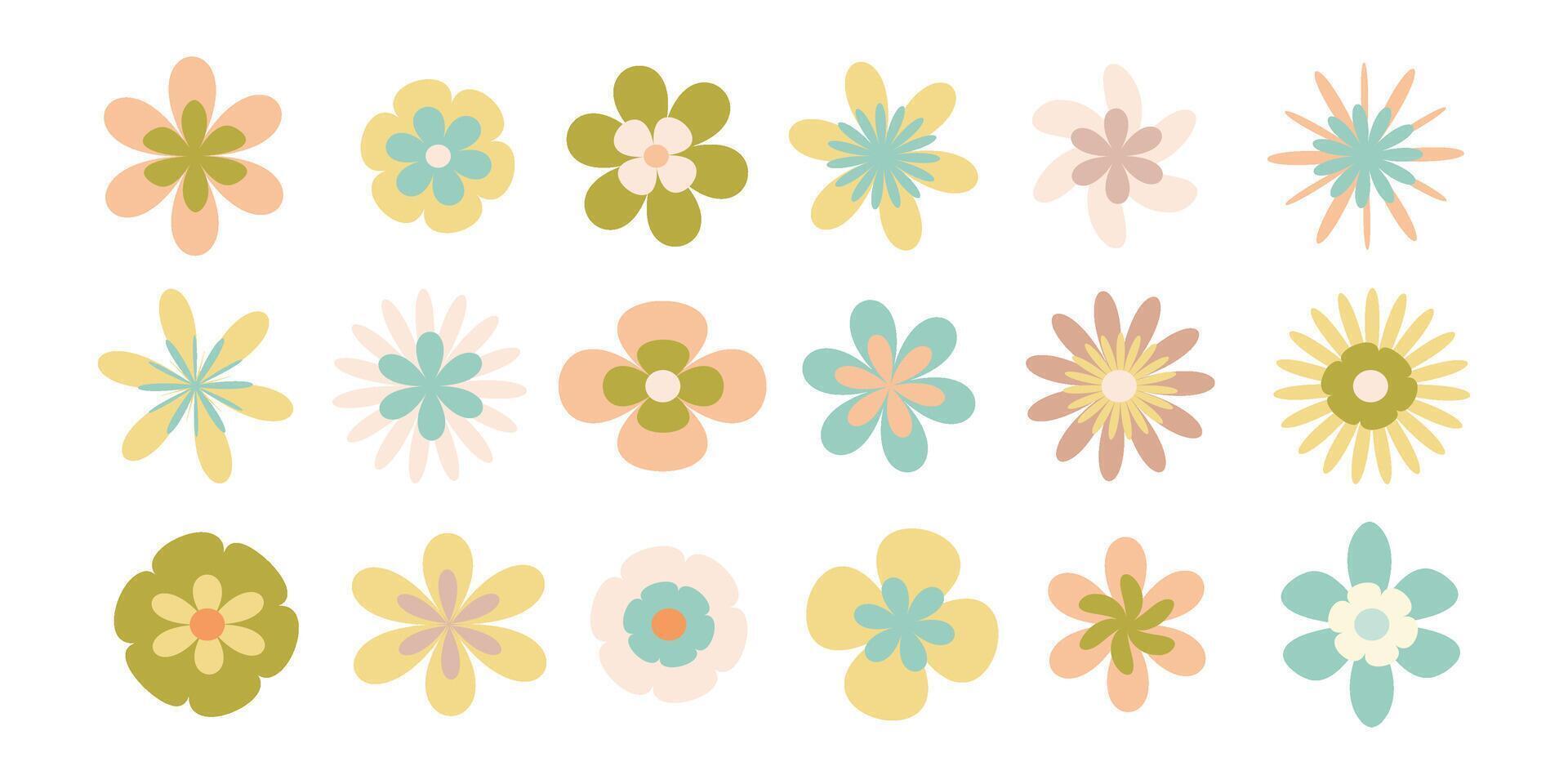 Set of bright flowers, colorful collection of different colored flowers, flower heads, buds. Collection of abstract flowers in minimalist style. vector