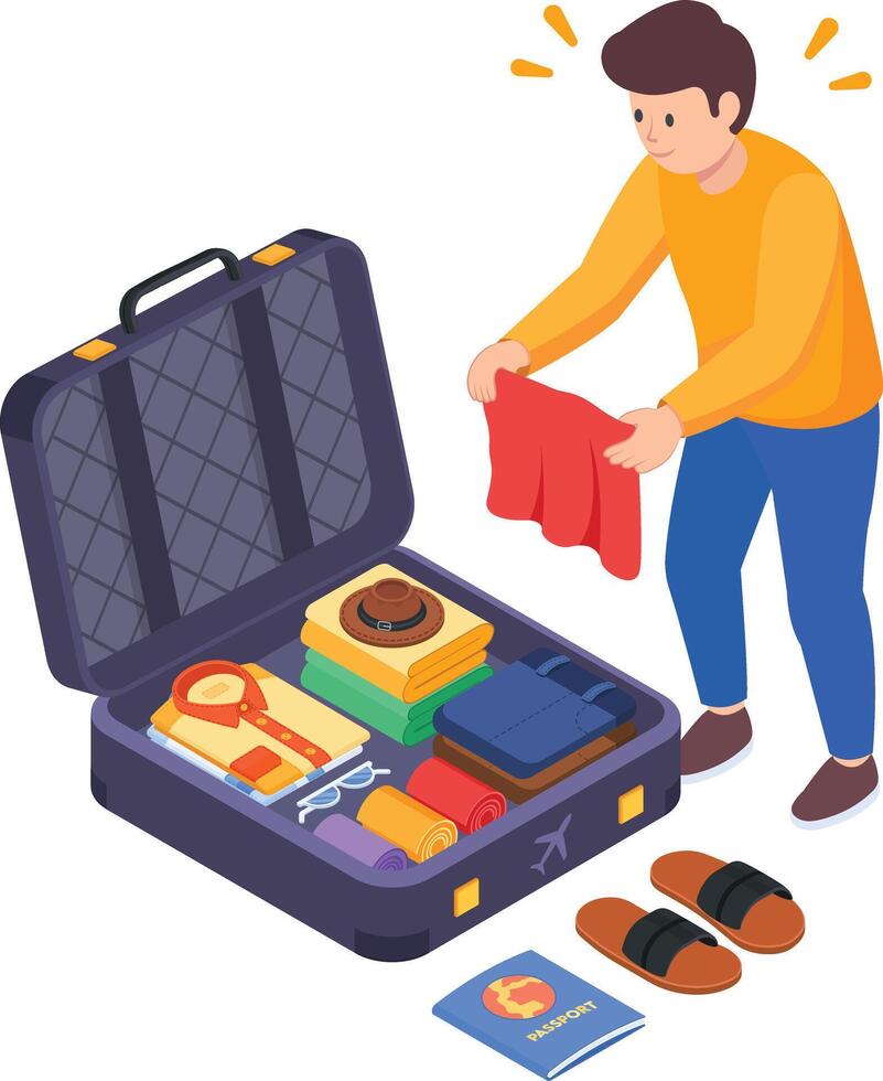 A traveler packing a suitcase excitedly vector
