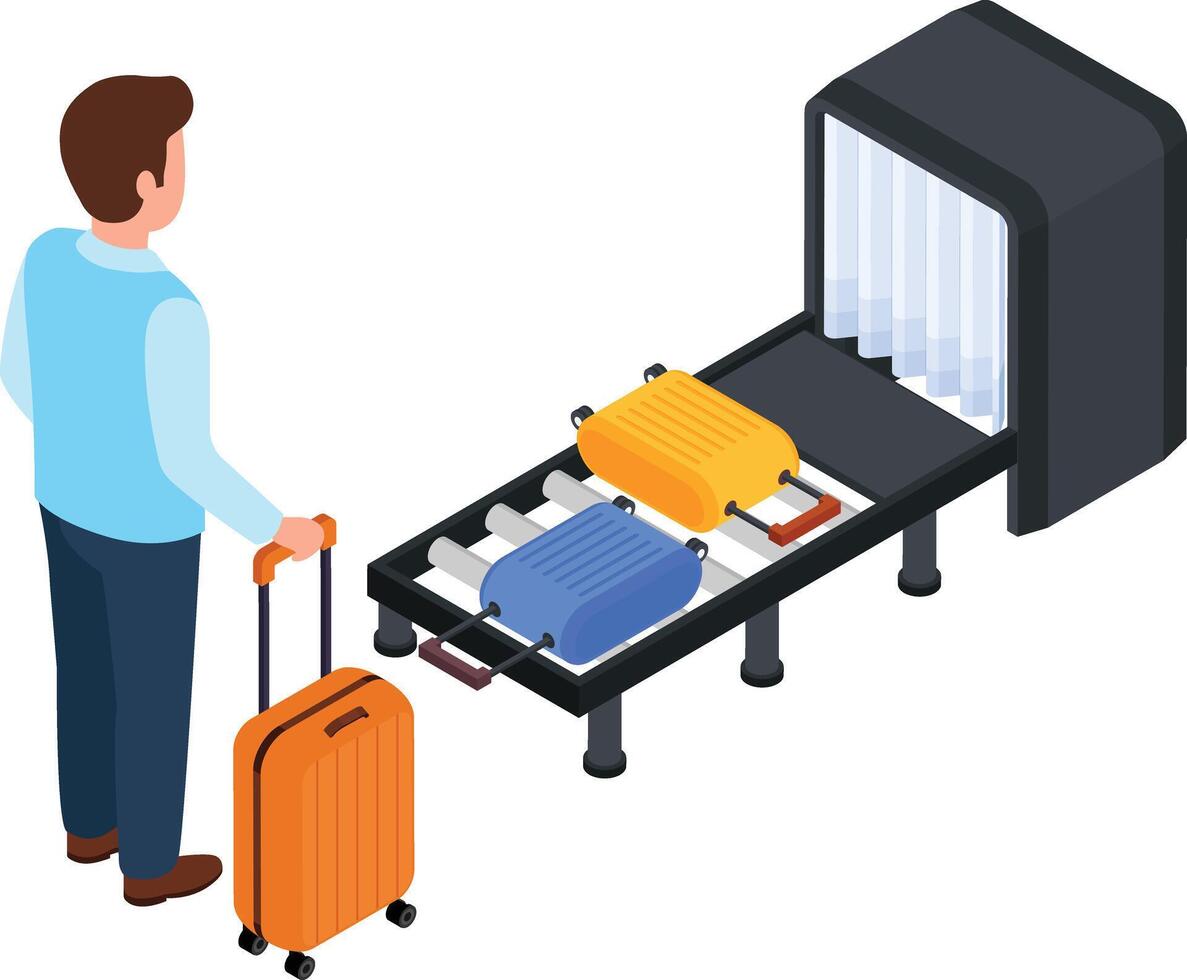 Going through security, a man waiting for his luggage to be scanned by security scanners vector