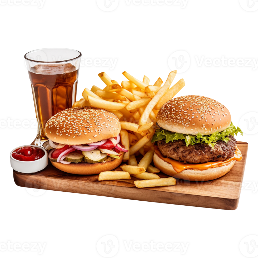 Delicious Hamburger with Fresh Toppings on a Wooden Board png