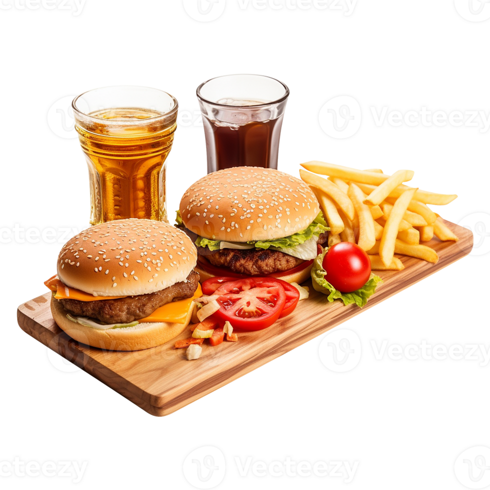 Savory Hamburger with All the Fixings on a Board png