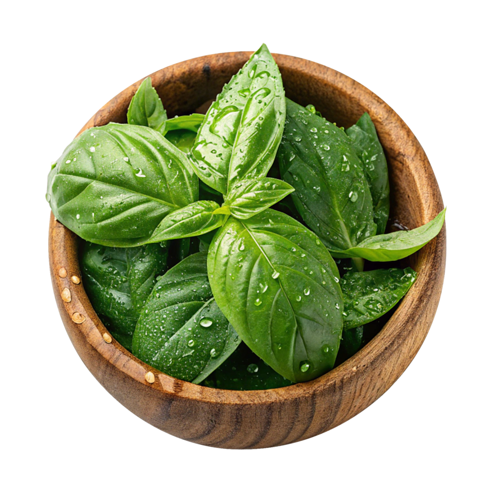 Culinary fresh basil leaves in wooden bowl clear png