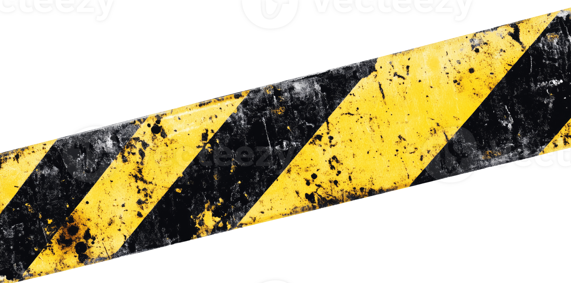 Old black and yellow caution tape with diagonal stripes, isolated on transparent background png
