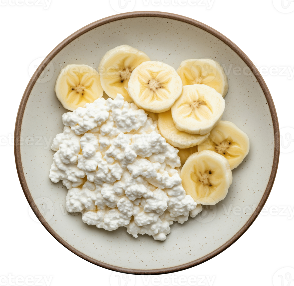 Round plate with cottage cheese and banana slices isolated on transparent background png