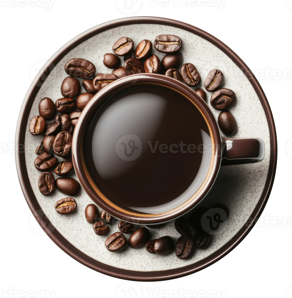 Cup of black coffee with coffee beans on a saucer, top view, isolated on a transparent background png