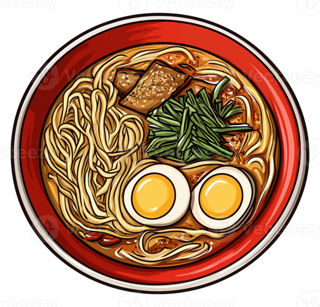Illustration of a bowl of ramen with a halved egg and green onions, isolated on a transparent background png