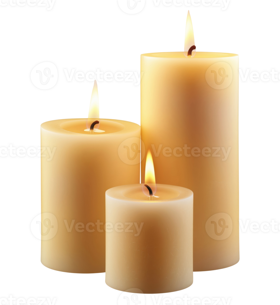 Three burning wax pillar candles isolated on transparent background png