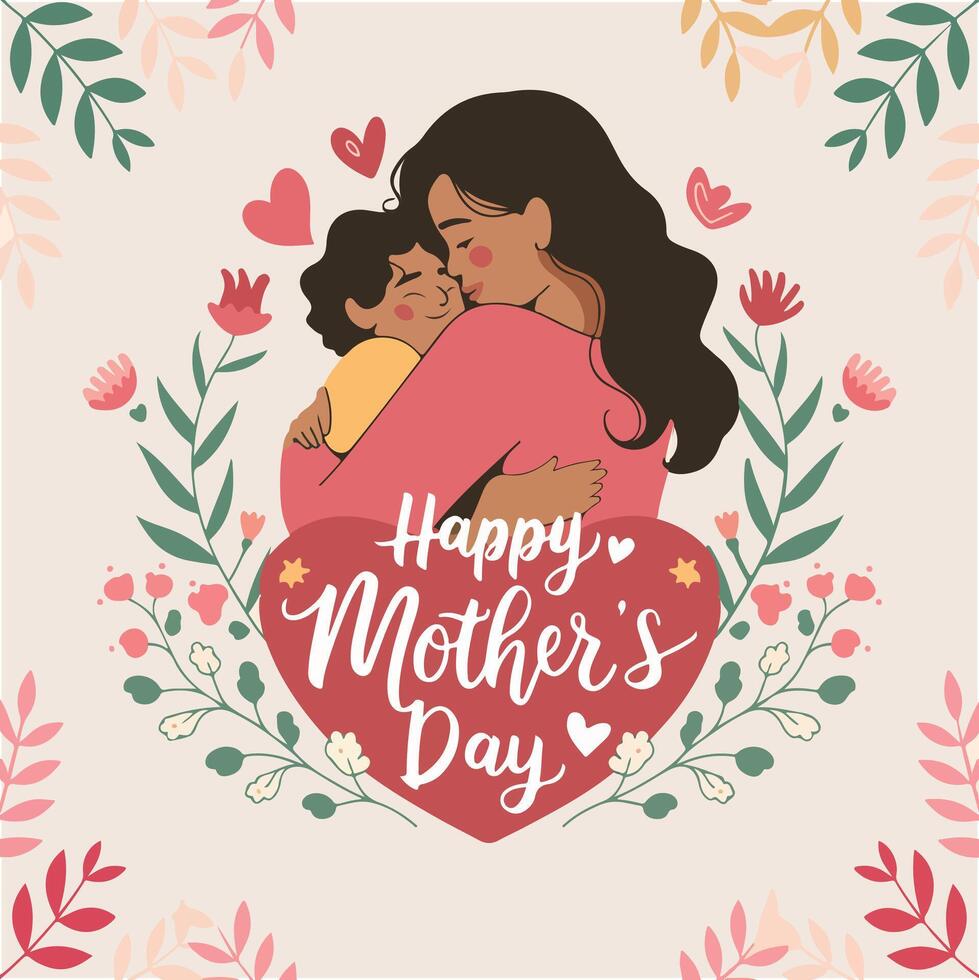 Happy Mother's day illustrations of mother, and child card for social media post vector