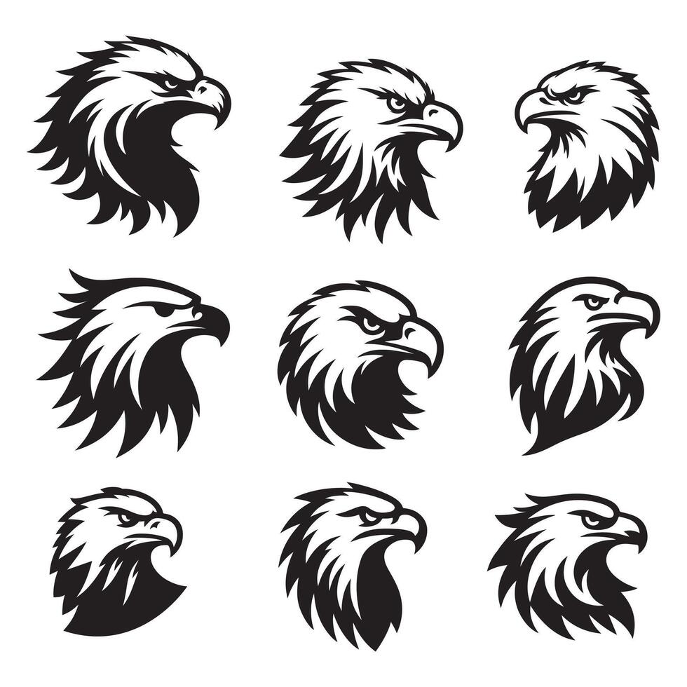 Eagle Head Illustration Set Nine Detailed Bird Outlines Strong Symbol Collection vector