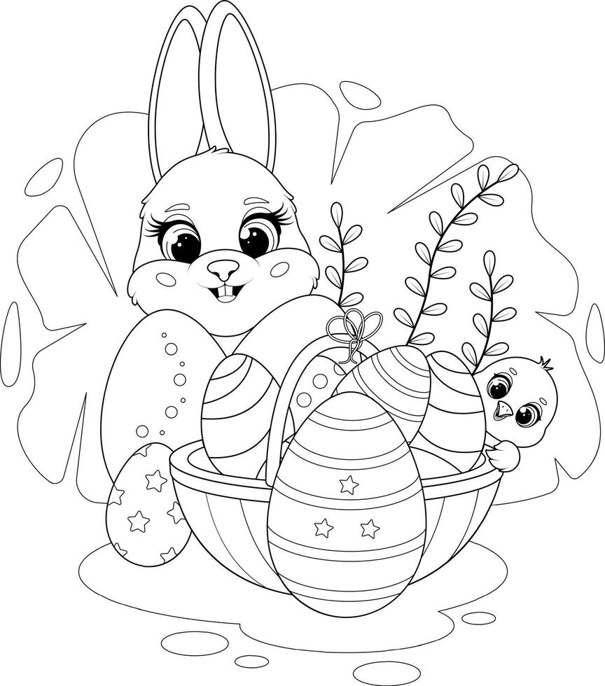 Coloring page. Easter Bunny. And Chick with a Basket and Easter Eggs vector