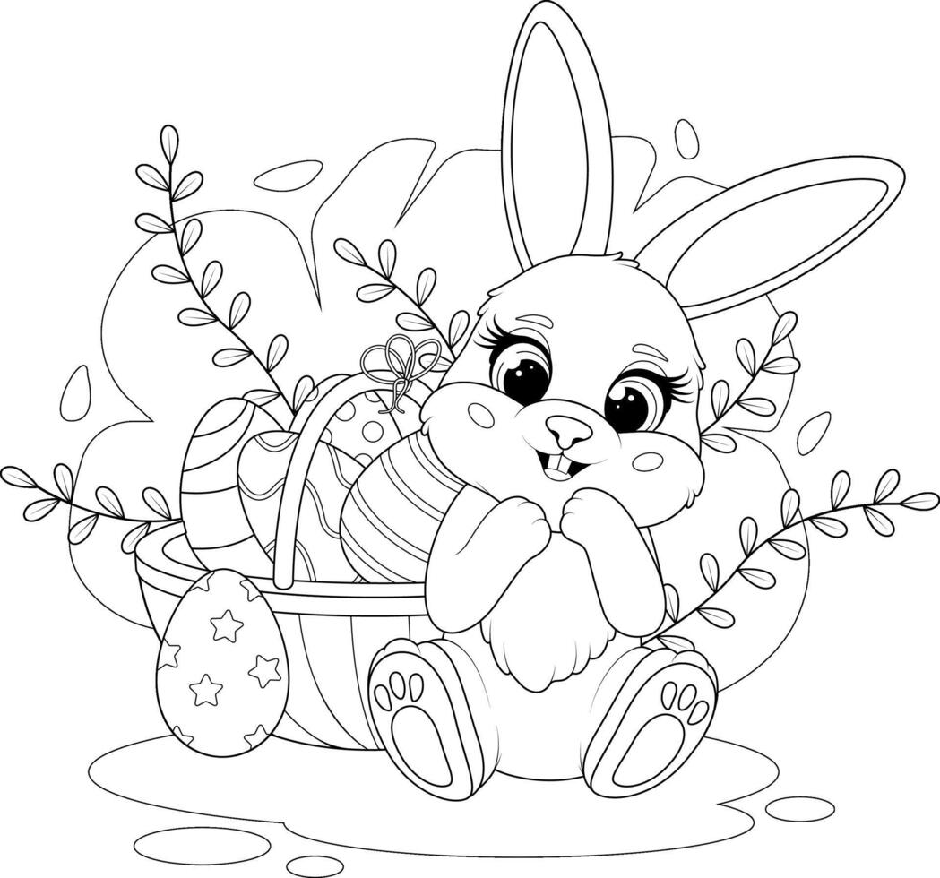 Coloring page. Easter Bunny with a Basket and Easter Eggs vector
