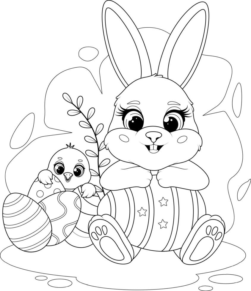 Coloring page. Easter Bunny and Chick with Easter Eggs vector