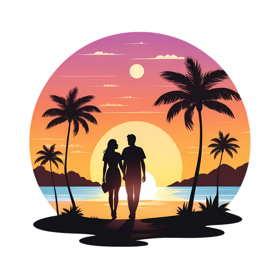 Couple walking on the beach at sunset png