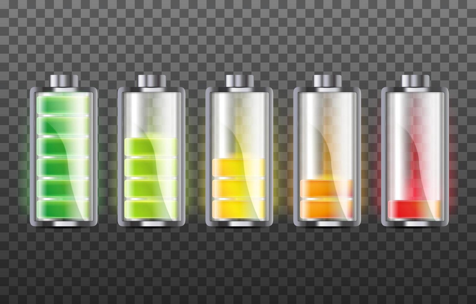 battery charge indicators with colorful low and high energy level vector