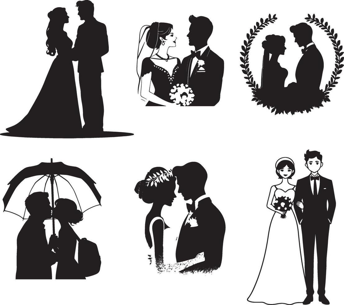 Silhouettes of bride and groom in different poses vector