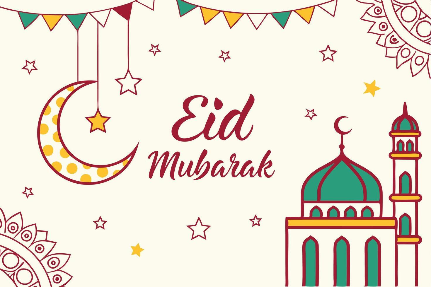 Festive Eid Mubarak Greeting with Mosque and Crescent Moon vector