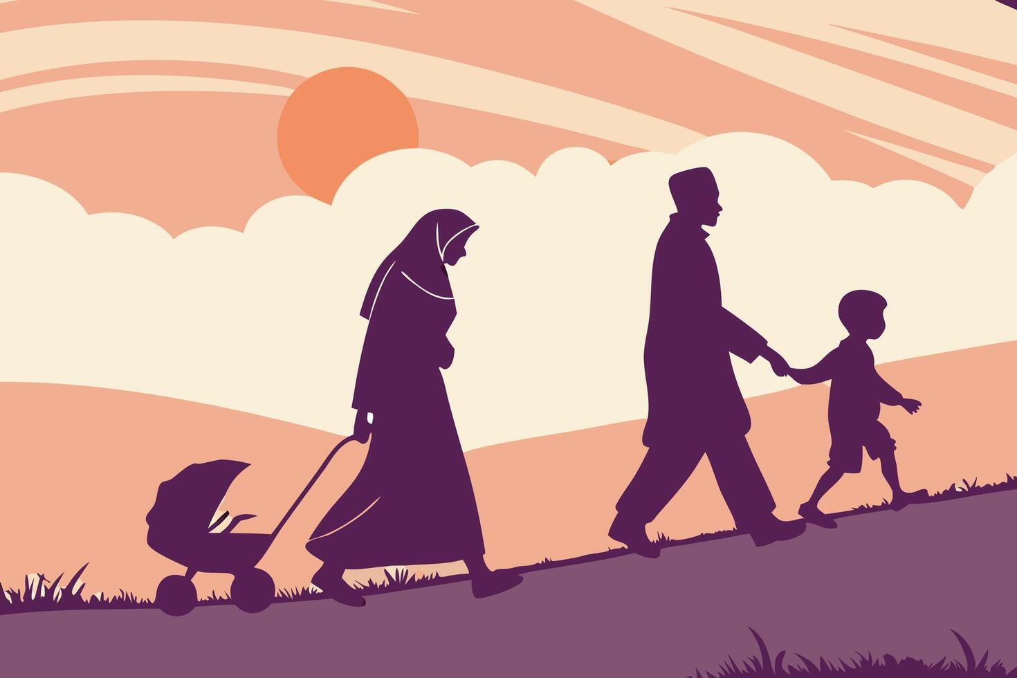 Silhouette of a Muslim family enjoying a sunset stroll vector