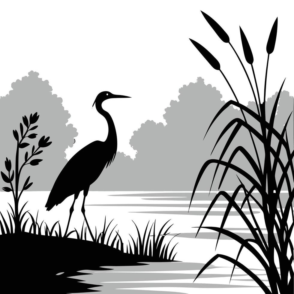 Black and white silhouette of heron vector