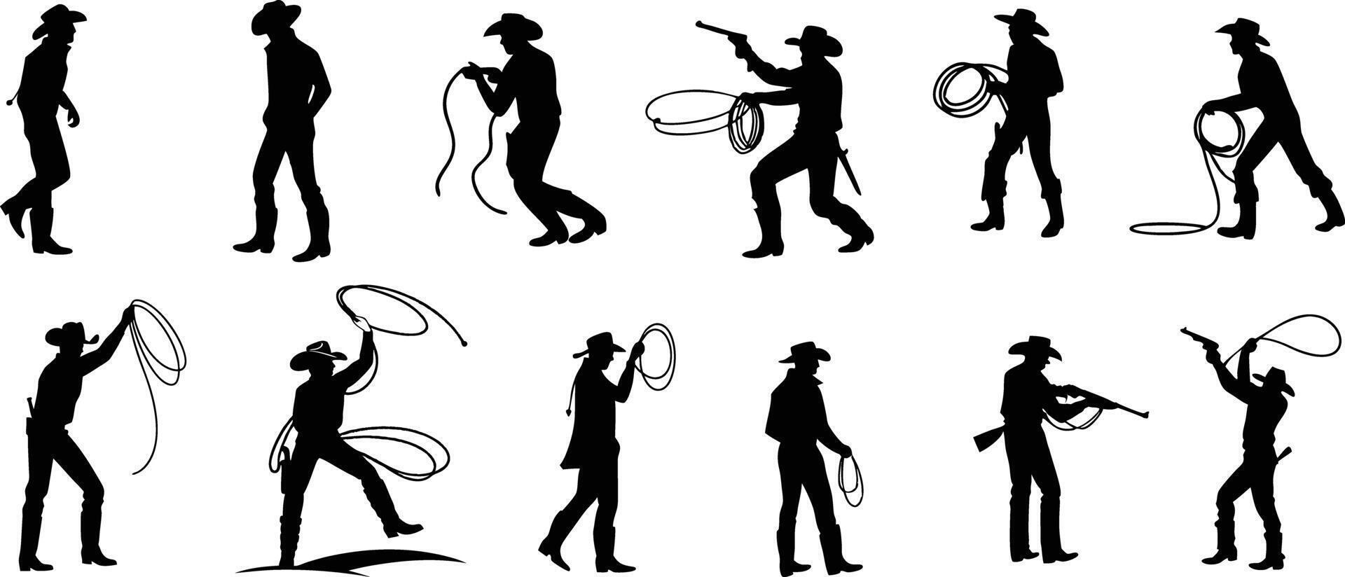 Silhouettes of Cowboys Roping and Working vector