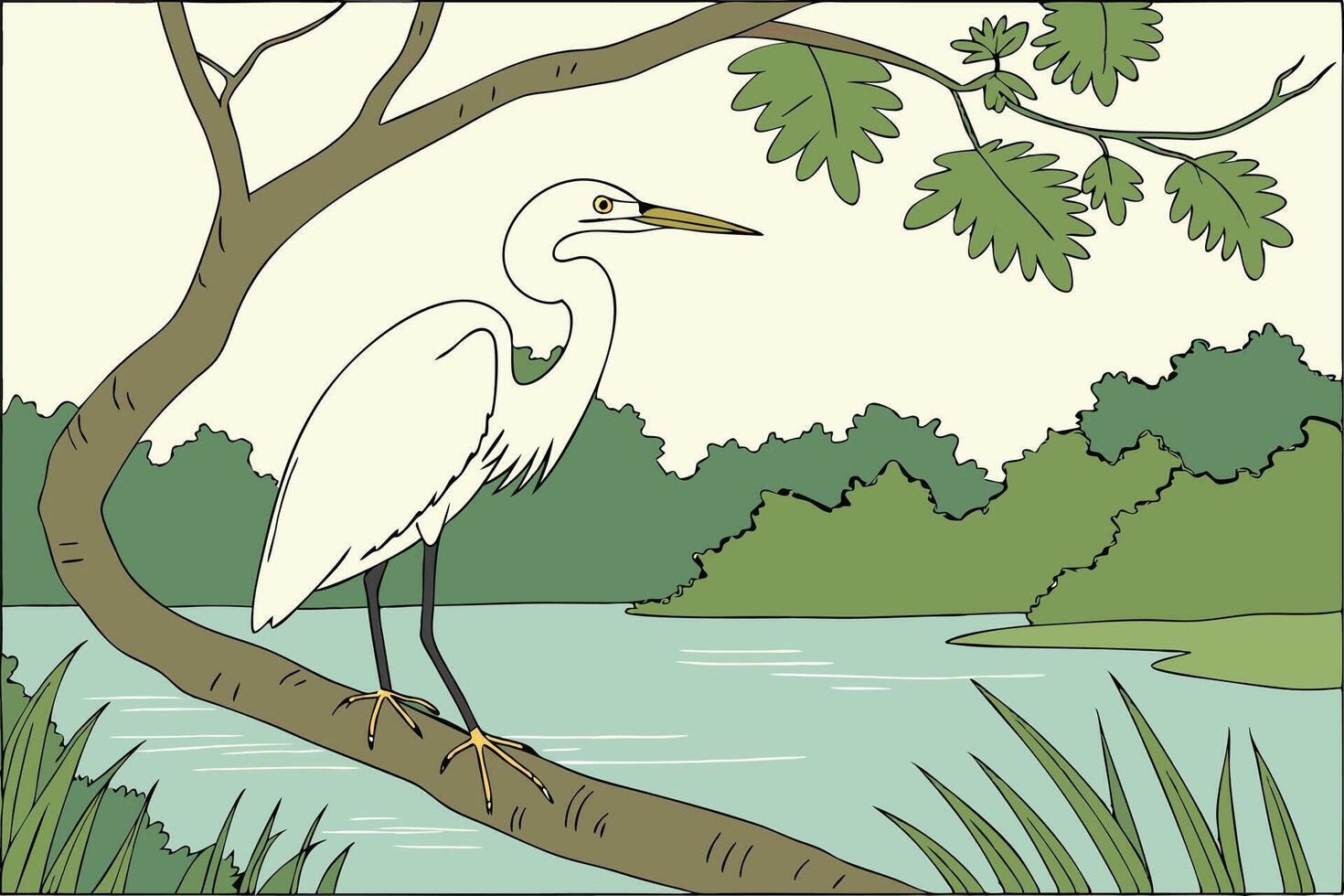 Peaceful Heron on a Branch Above a Calm River vector