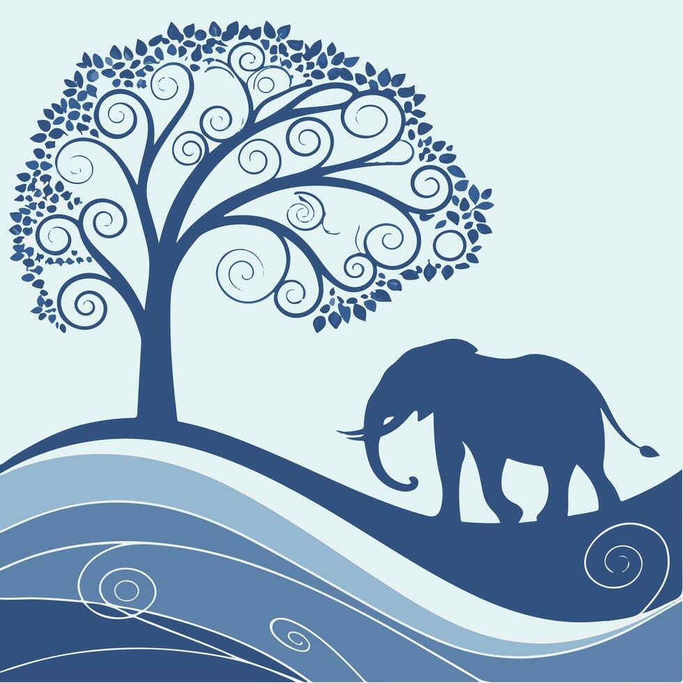 An elephant and tree in blue and white vector