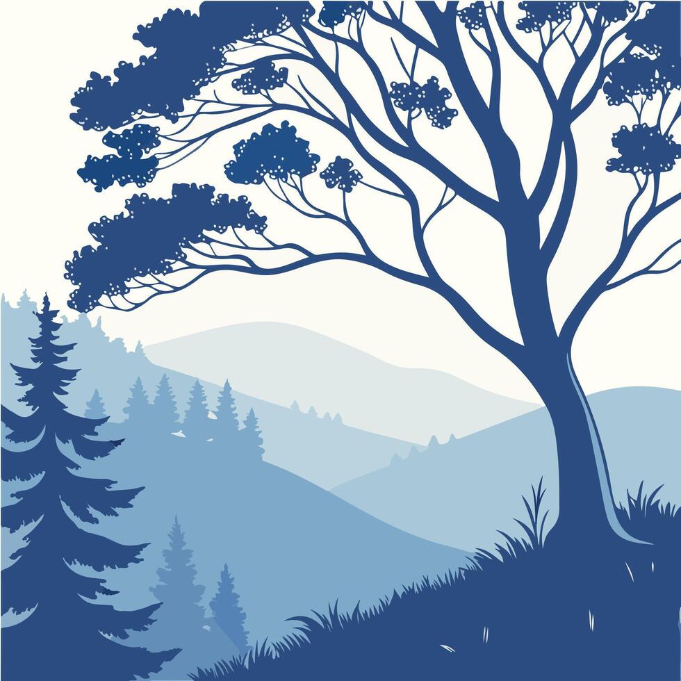 A tree and mountains in blue vector