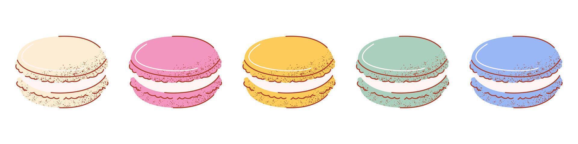 Macarons set with different flavors and colors. Hand drawn flat illustration with popular french sweet dessert, pastry. Isolated background. Macaroons with texture for sticker, print, poster vector