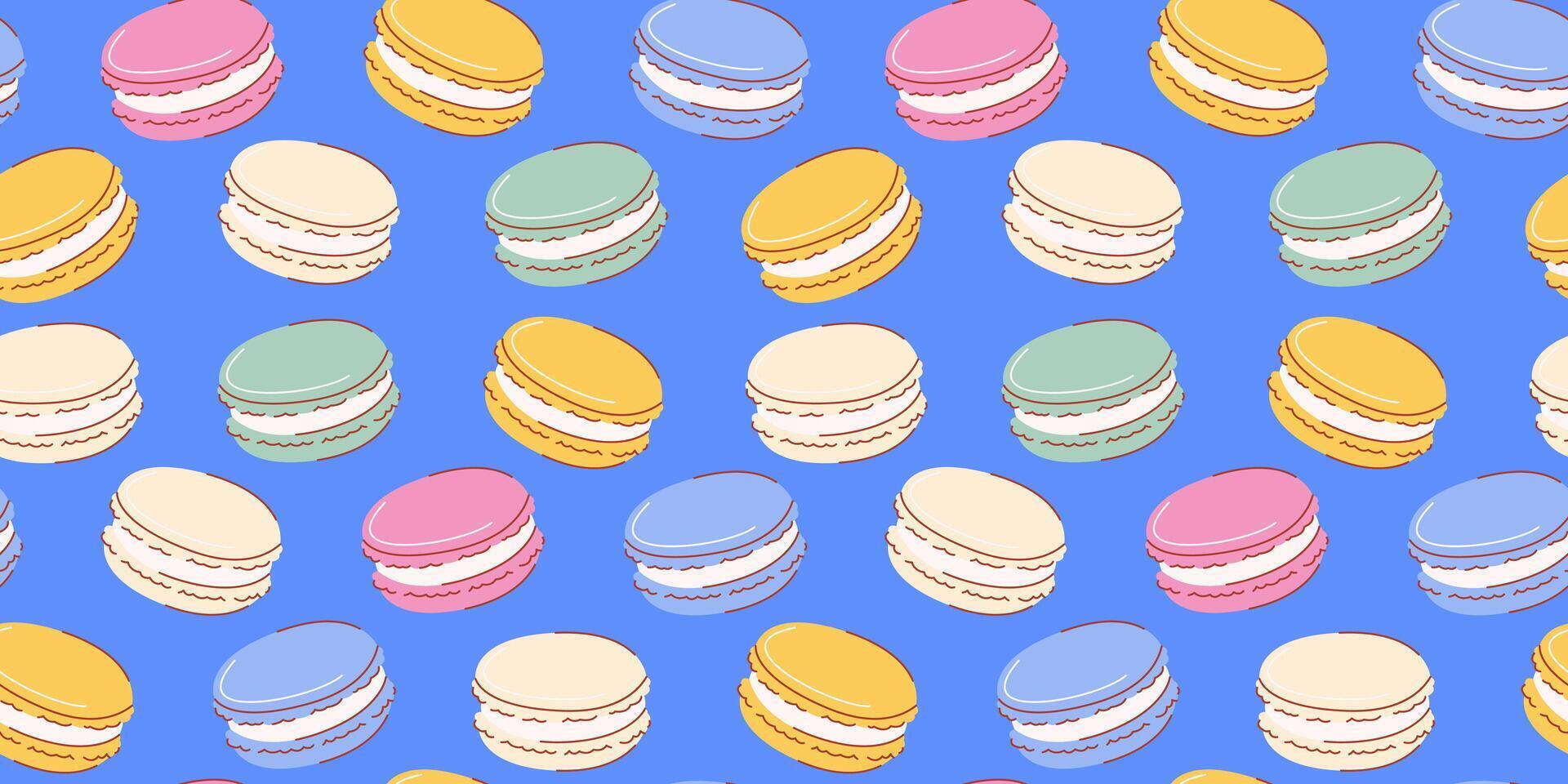 Macarons seamless pattern. Hand drawn colorful flat illustration, macaroons with different flavors and colors. Isolated blue background. For wrapping paper, print, cover, package, wallpaper vector