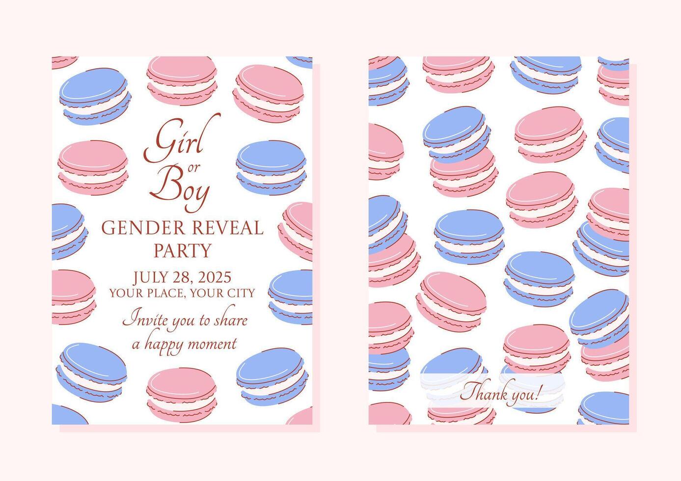 Girl or boy invitation, gender reveal party. Blue and pink macarons background, front and back side pattern. Hand drawn flat illustration, set of a4 vertical posters for happy moment vector