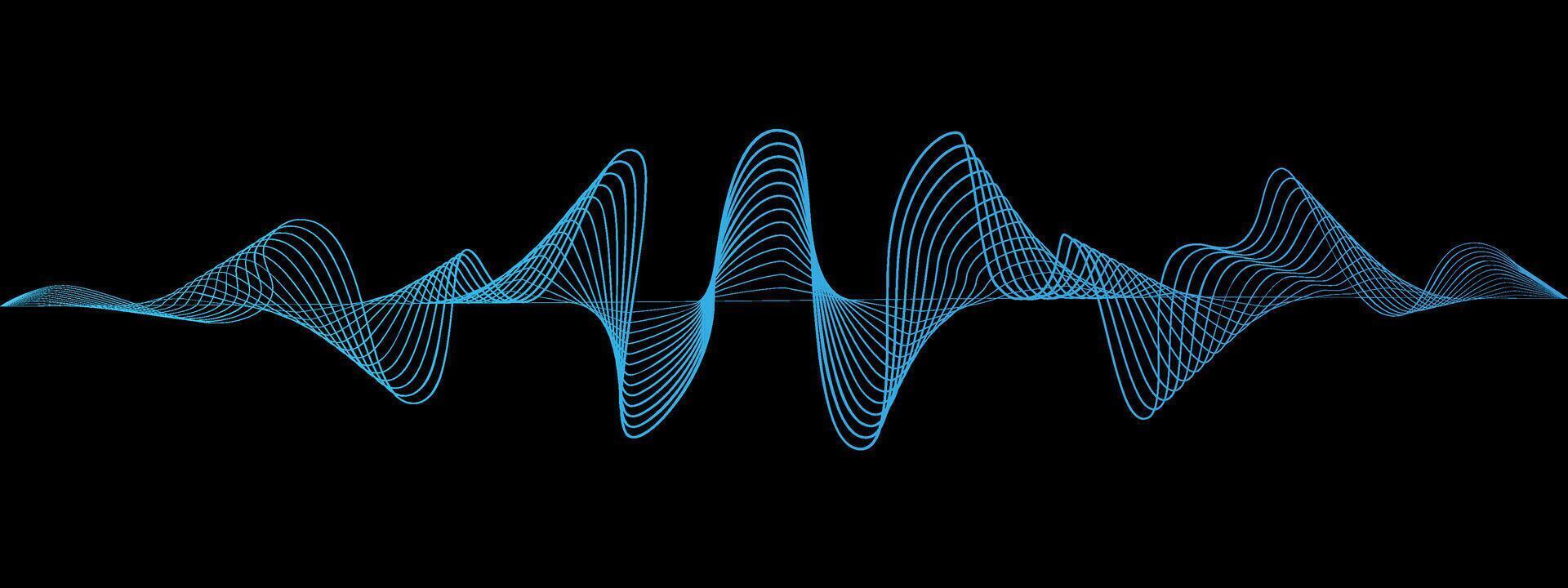 Abstract blue wavy lines of the sound wave. Dynamic pulsating wave. Musical concept, symbols of the frequency of digital music. illustration on a black background vector