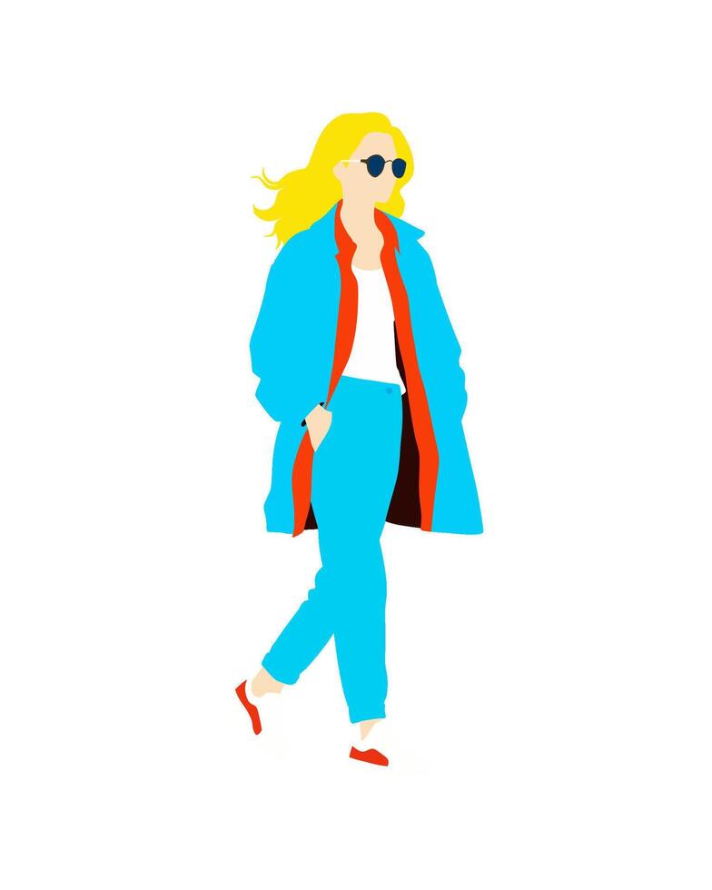 Flat art people and illustration, walking yellow haired woman with casual outfit C61 vector