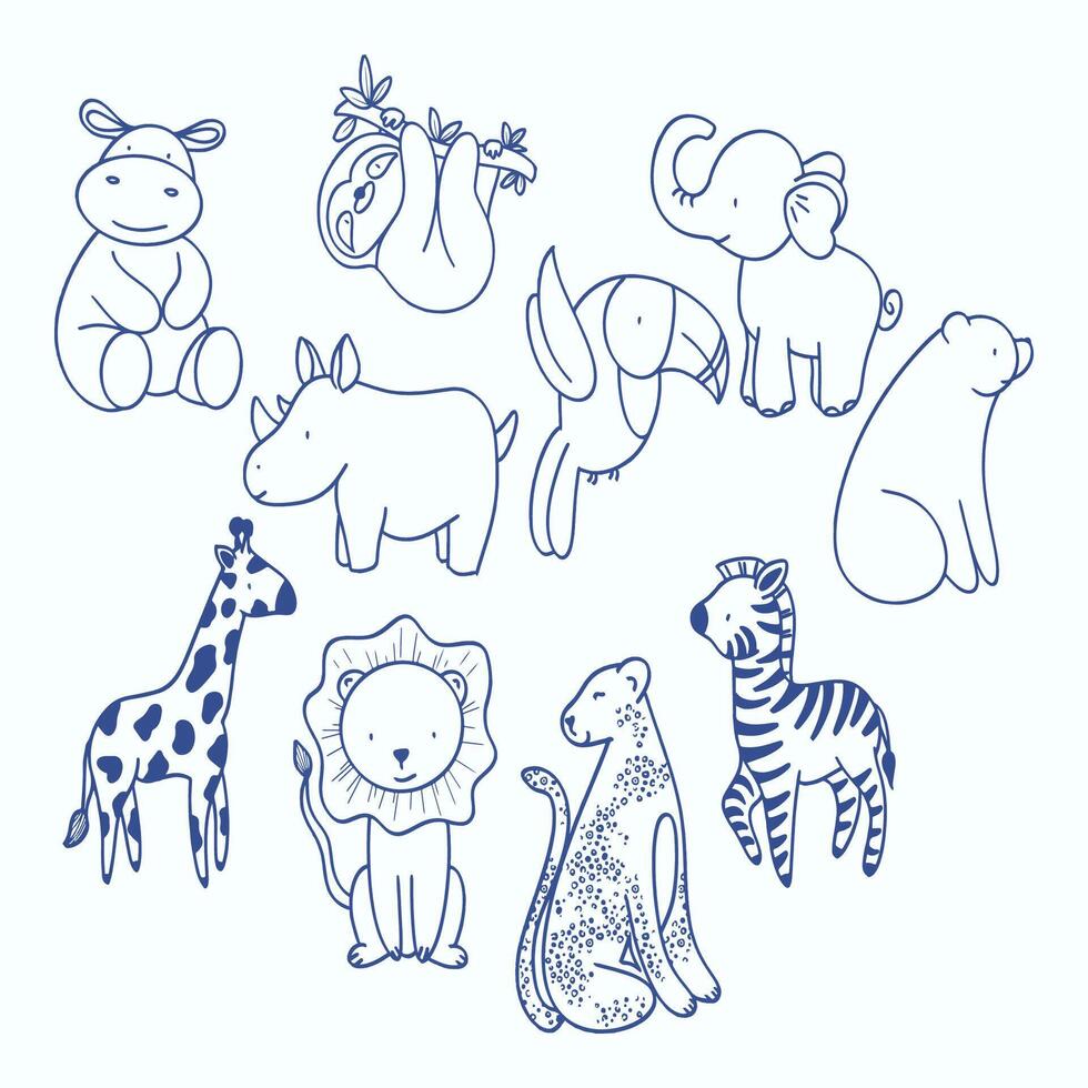 Collection of cute safari animals in blue line art vector