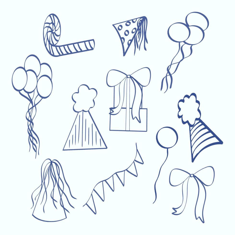 a set of doodles of various items for a birthday party vector