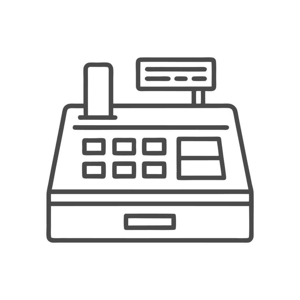 Creative flat line icon of a cash register surrounded by essential retail elements in a style design vector