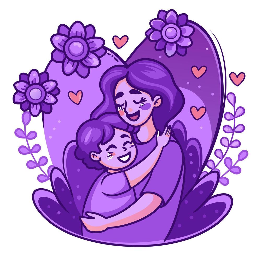 Mother and son hugging in heart shape with flowers vector