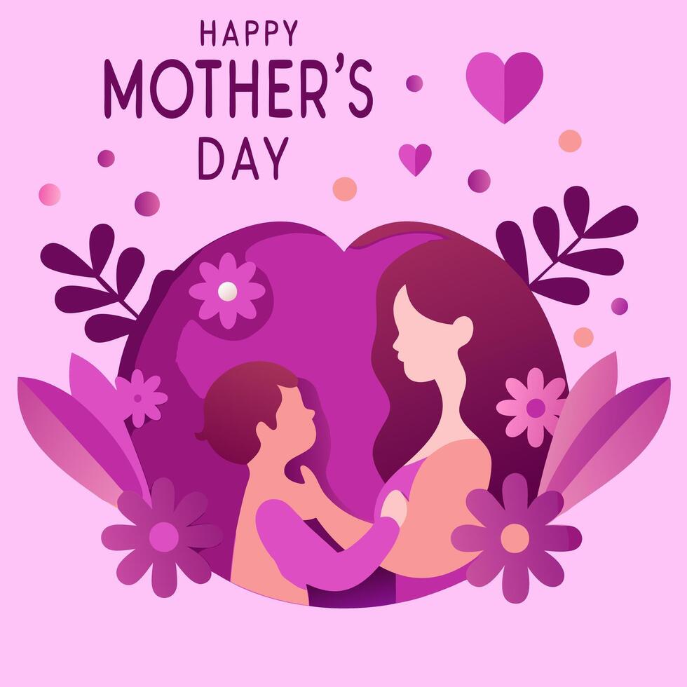 Mothers day card with mother and child on pink background vector