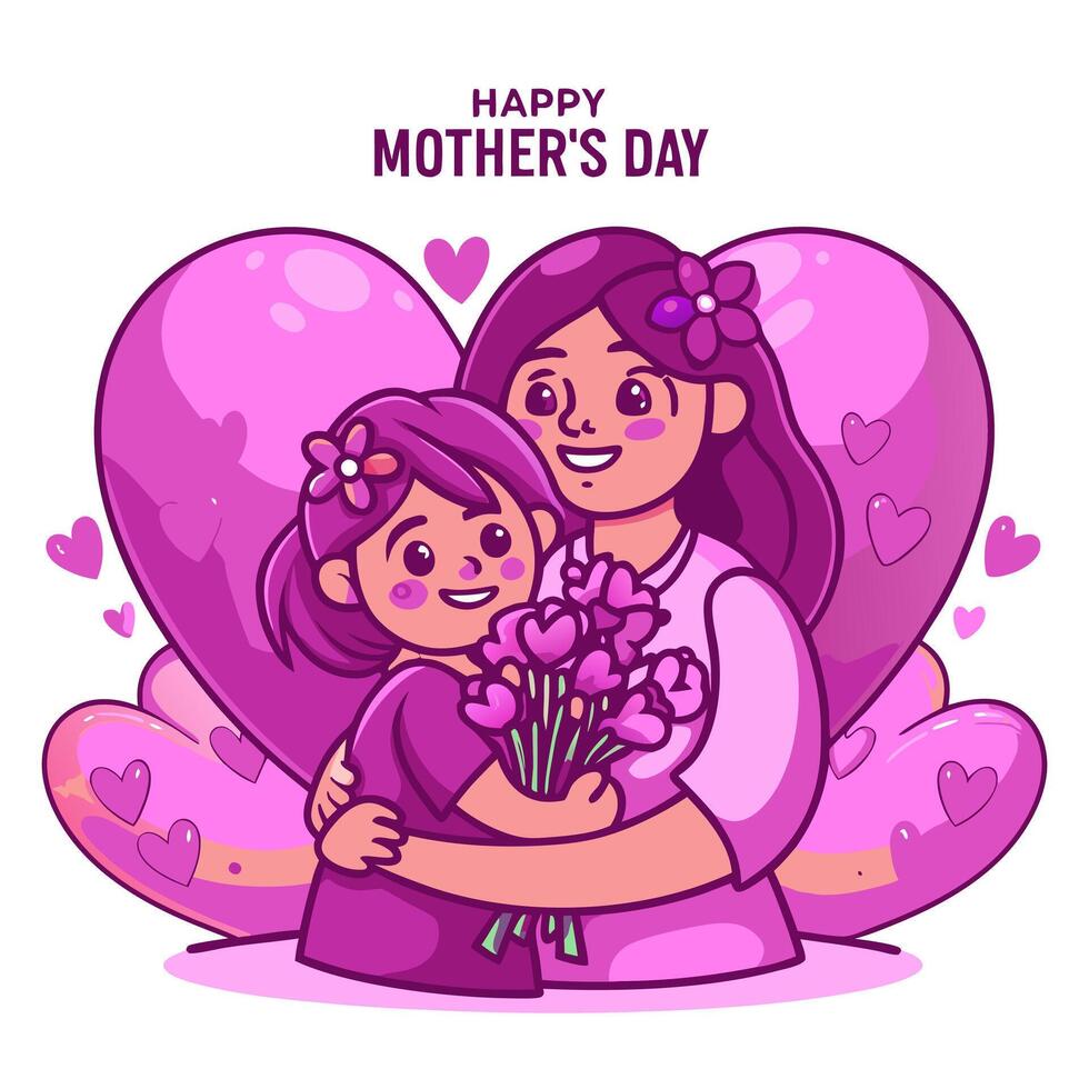 Mothers day card with mother and daughter holding flowers vector